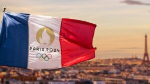 Summer Olympics 2024 logo and flag at the Paris Games