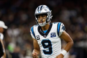 Carolina Panthers quarterback Bryce Young (9) runs during an NFL football game against the New Orleans Saints, Sunday, Sept. 8, 2024, in New Orleans. (AP Photo/Tyler Kaufman)