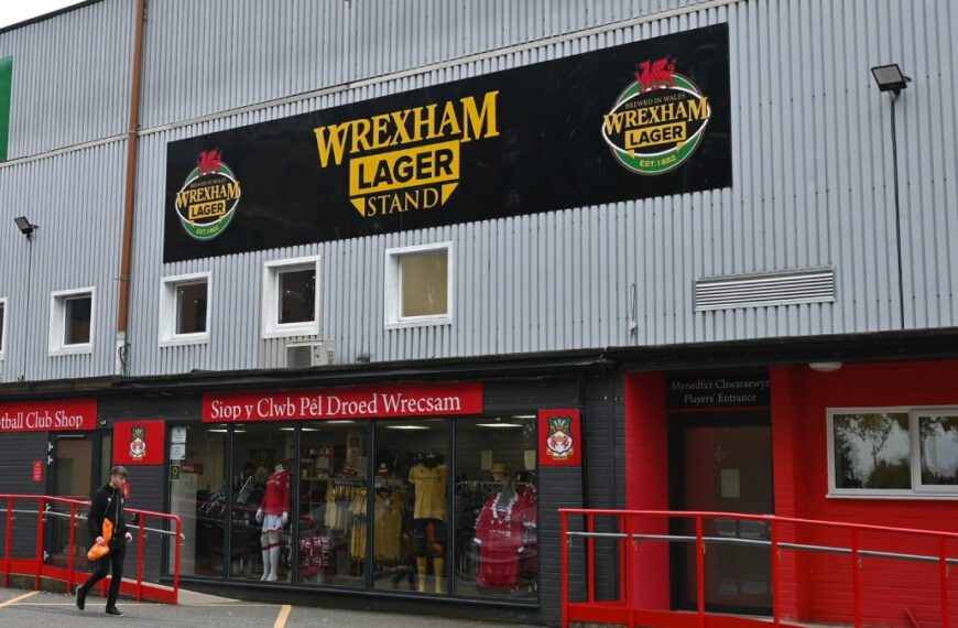 The Racecourse Ground home of Wrexham football club showing a sign for Wrexham Lager