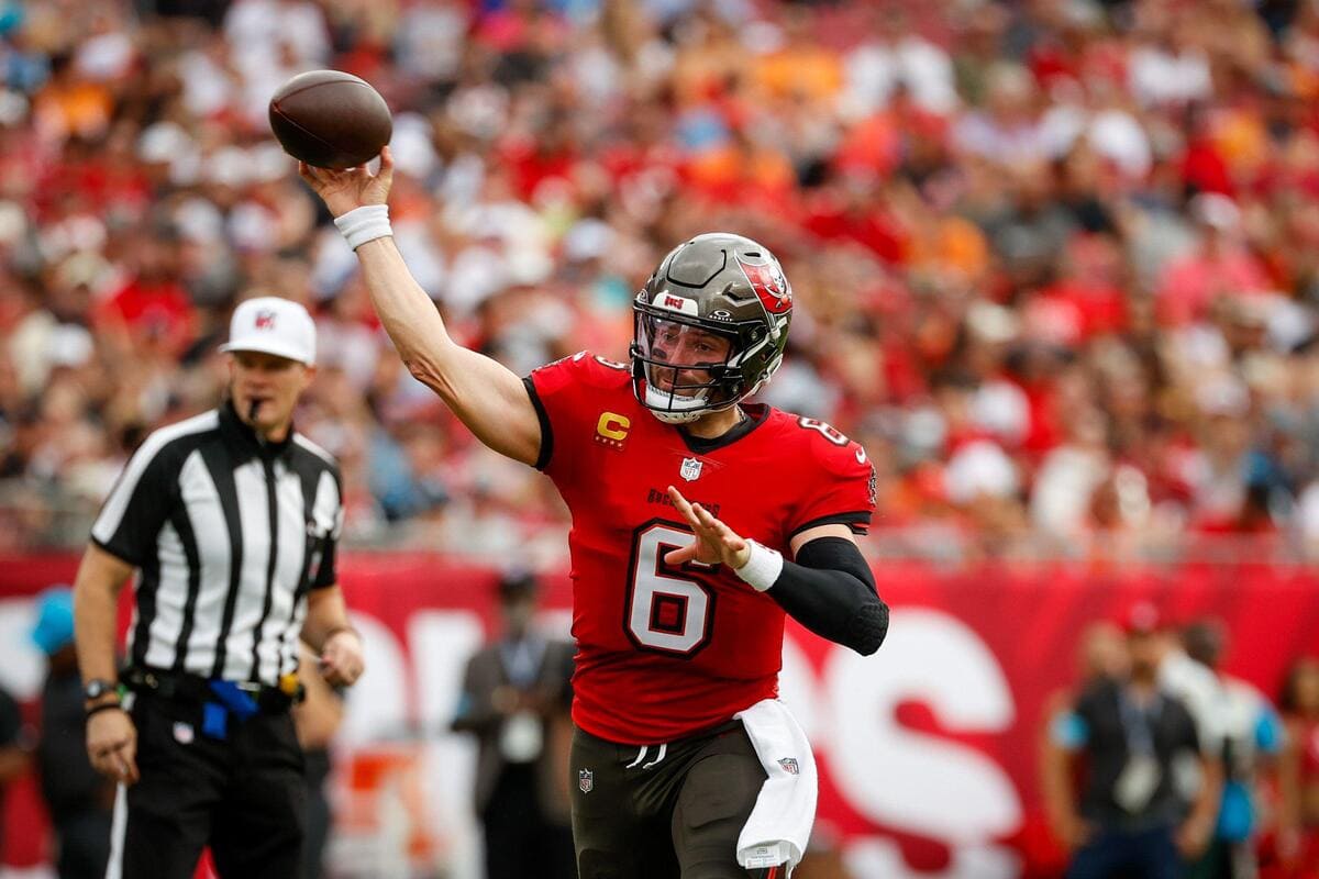 Tampa Bay Buccaneers quarterback Baker Mayfield throwing a football.