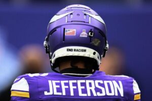 Minnesota Vikings wide receiver Justin Jefferson faces away from the camera.