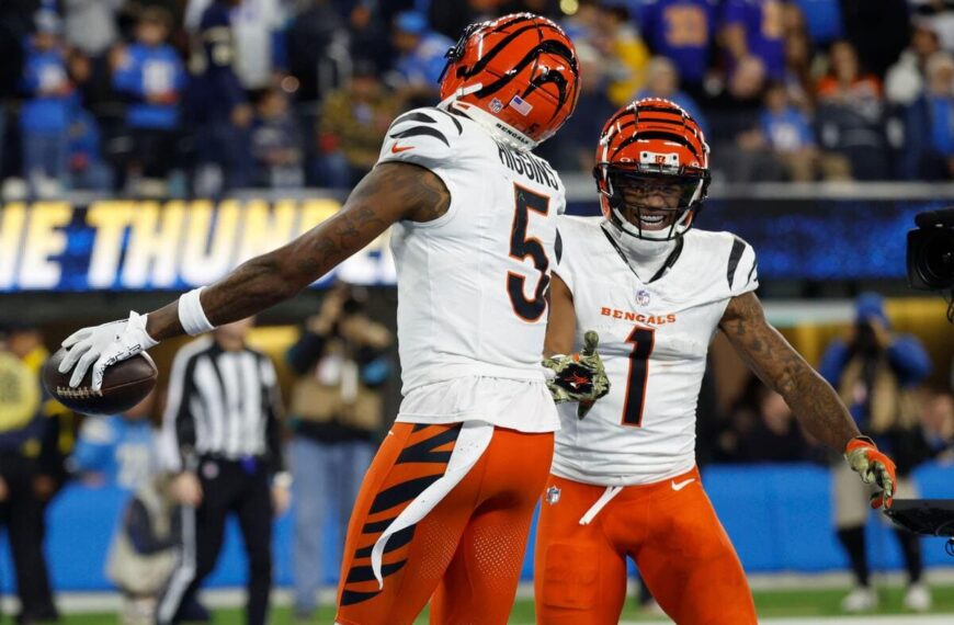 Cincinnati Bengals wide receivers Ja'Marr Chase and Tee Higgins celebrate a good play.