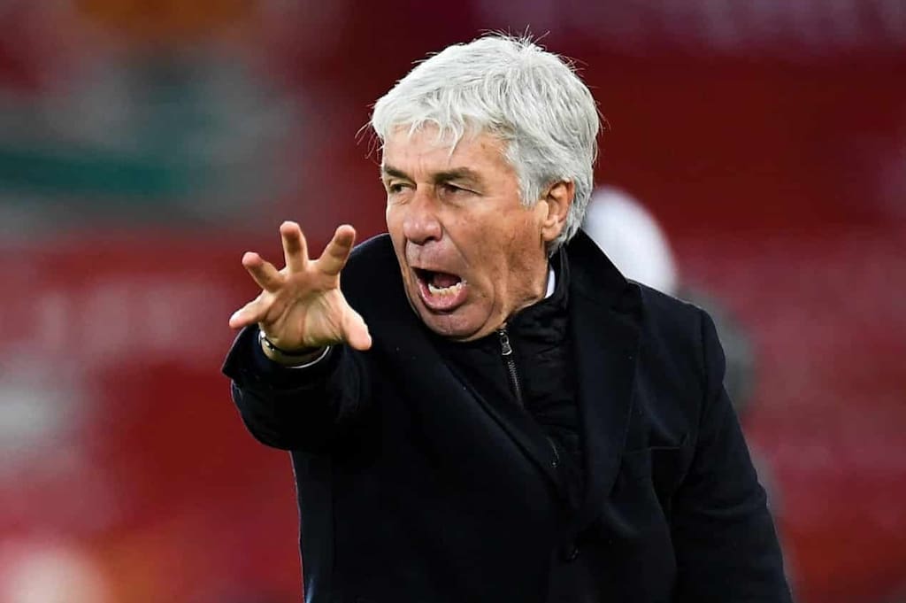 LIVERPOOL, ENGLAND - NOVEMBER 25: Gian Piero Gasperini, Head Coach of Atalanta B.C. reacts during the UEFA Champions League Group D stage match between Liverpool FC and Atalanta BC at Anfield on November 25, 2020 in Liverpool, England. Sporting stadiums around the UK remain under strict restrictions due to the Coronavirus Pandemic as Government social distancing laws prohibit fans inside venues resulting in games being played behind closed doors. (Photo by Peter Powell - Pool/Getty Images)