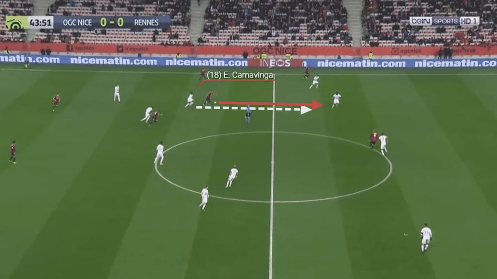 Camavinga, second to the ball in this scenario, uses his recovery speed to catch the Nice player.