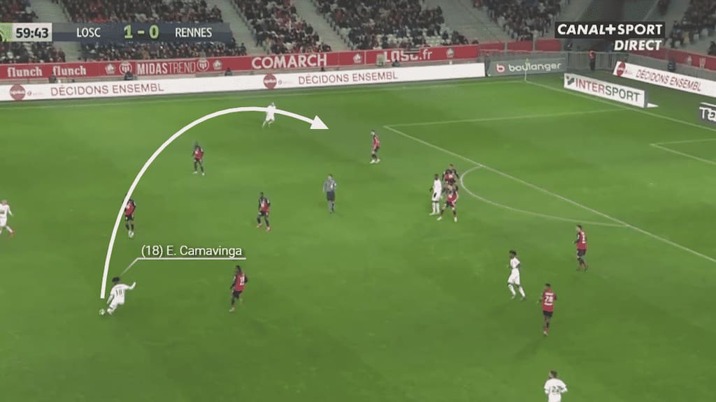 Camavinga finds a curling, lofted pass out to the left wing to set up a crossing opportunity.