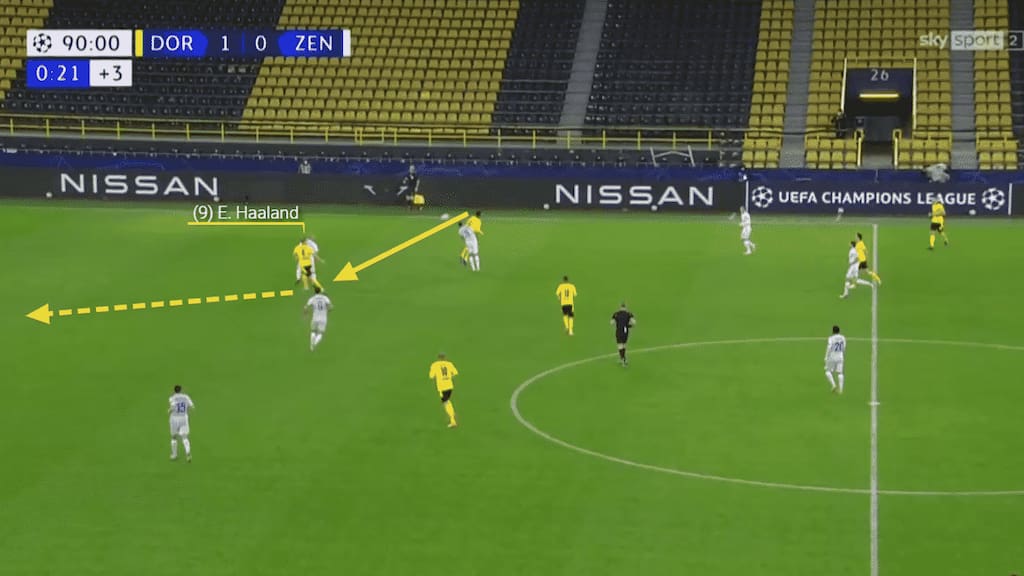 In this opportunity, a long ball from the keeper is won in the air by teammate and drops through to Haaland. Again playing on the shoulder of the last man he spins and accelerates towards goal.