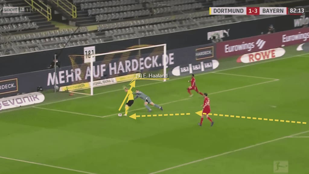 The speed at which he beats the defenders and the deft touch to bring the ball under control whilst barely breaking slide means Haaland can round Neuer and finish calmly.