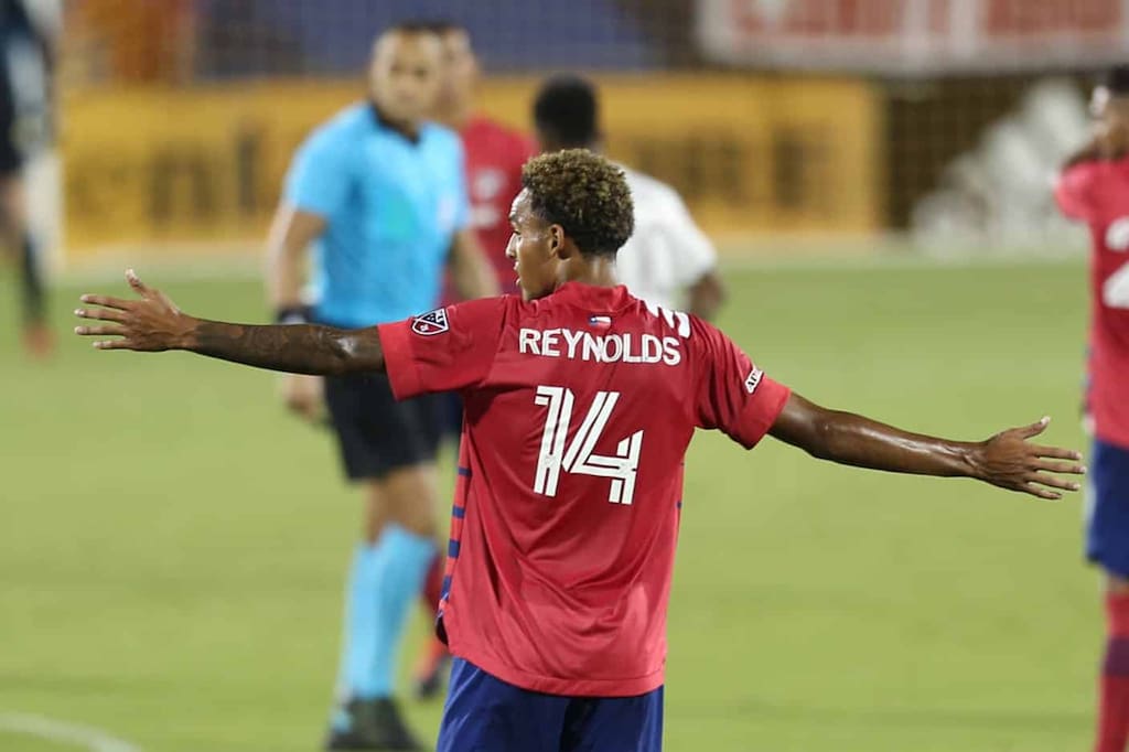 FRISCO, TX - SEPTEMBER 16: Bryan Reynolds #14 of FC Dallas reacts during the MLS game between FC Dallas and Colorado Rapids at Toyota Stadium on September 16, 2020 in Frisco, Texas. (Photo by Omar Vega/Getty Images)