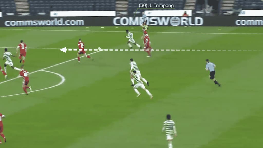 Frimpong's acceleration isolates chasing opposition players which in turn opens spaces on the edge of the box for teammates.