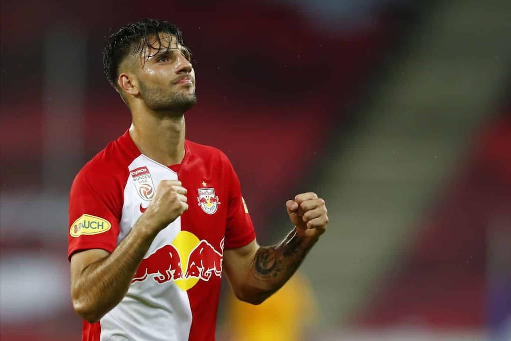 SALZBURG, AUSTRIA - JULY 1: Dominik Szoboszlai of Salzburg celebrates after scoring during the tipico Bundesliga match between Red Bull Salzburg and SK Sturm Graz at Red Bull Arena on July 1, 2020 in Salzburg, Austria. (Photo by David Geieregger/SEPA.Media /Getty Images)