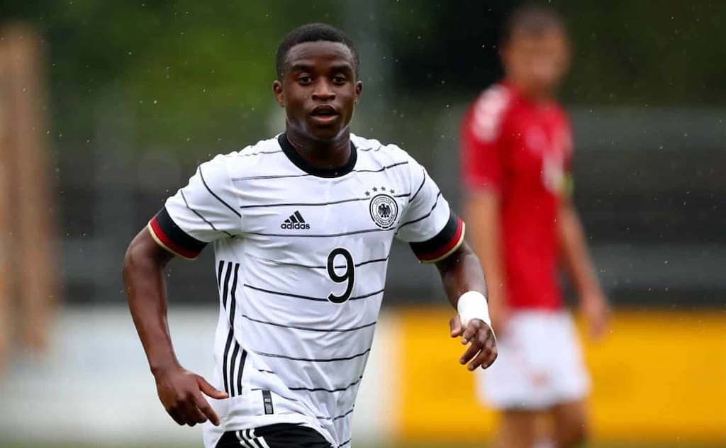 NORDERSTEDT, GERMANY - SEPTEMBER 03: Youssoufa Moukoko of Germany gestures during the international friendly match between Germany U20 and Denmark U20 at Edmund-Plambeck-Stadion on September 03, 2020 in Norderstedt, Germany. (Photo by Martin Rose/Getty Images)