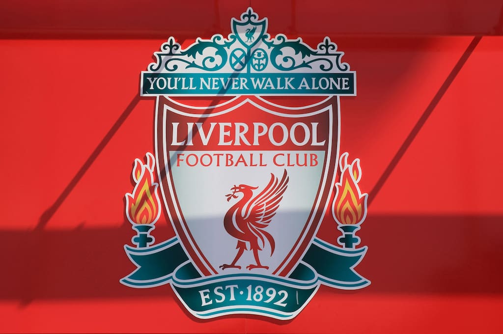 The Liverpool football club emblem, You'll Never Walk Alone, at Anfield football stadium, Merseyside, NW England, UK - Image ID: E4CHEN