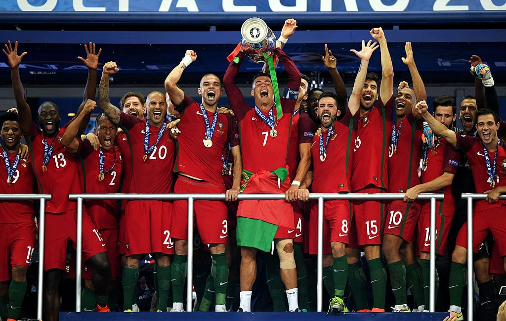 Cristiano Ronaldo lifts Euro 2016 trophy with Portugal