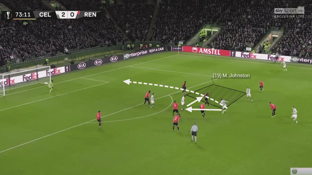 Playing a one-two, Johnson is able to drive to the right of the Rennes goal and get into a clear position after some excellent interplay.