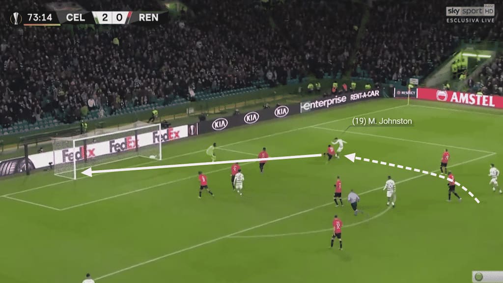 When in the position, Johnson unleashes a fierce low drive past the Rennes keeper to complete a fantastic move.