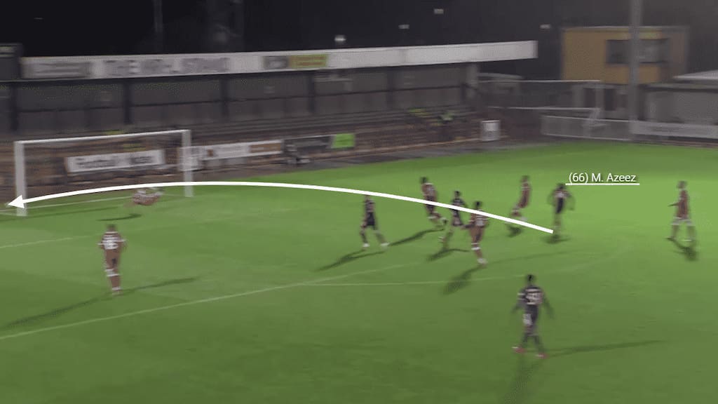 Picking up the ball on the edge of the box, Azeez unleashes a curling effort away from the keeper and into the bottom corner.