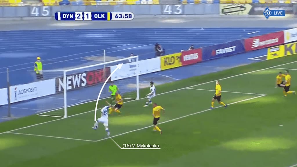 The cross finds Mykolenko and he gratefully hits the ball back across the closing keeper to wrong foot him and score.