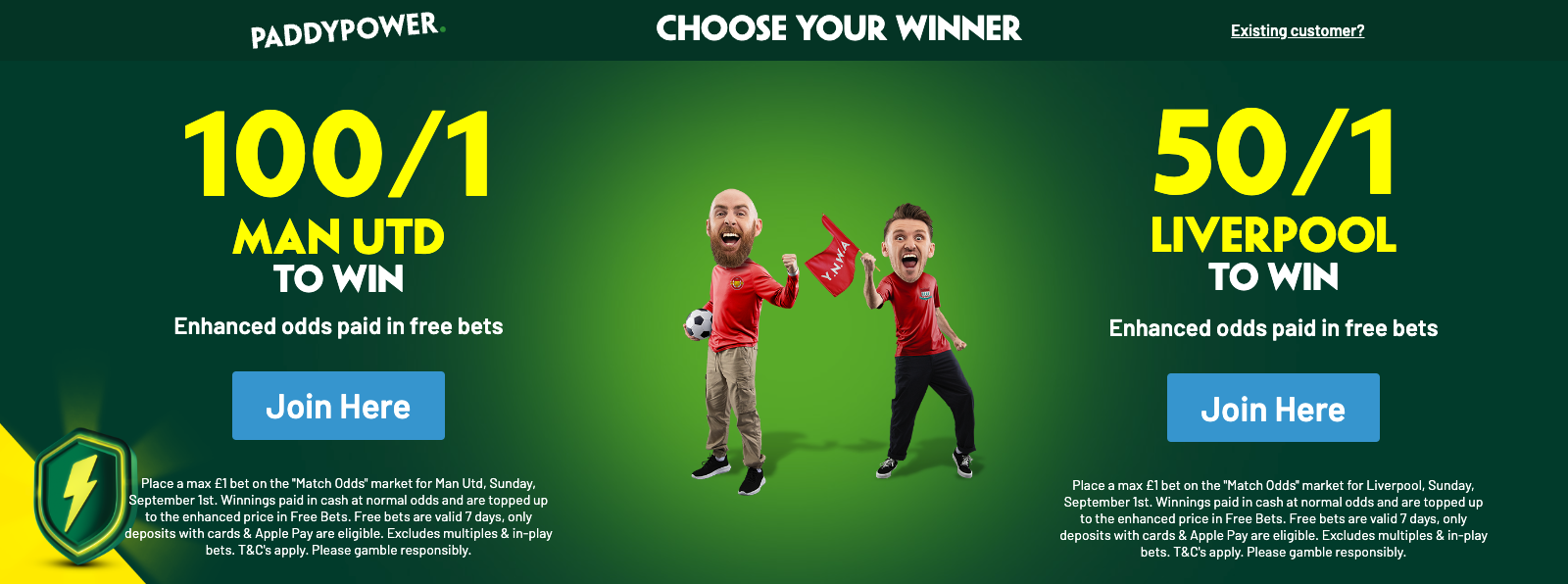 Paddy Power Sign up Offer – Get Man United 100/1 to Win or Liverpool to Win 50/1