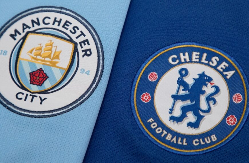 The Manchester City and Chelsea Football Club badges and logos