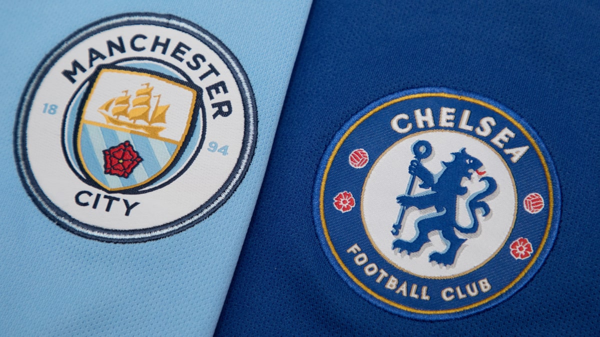 The Manchester City and Chelsea Football Club badges and logos