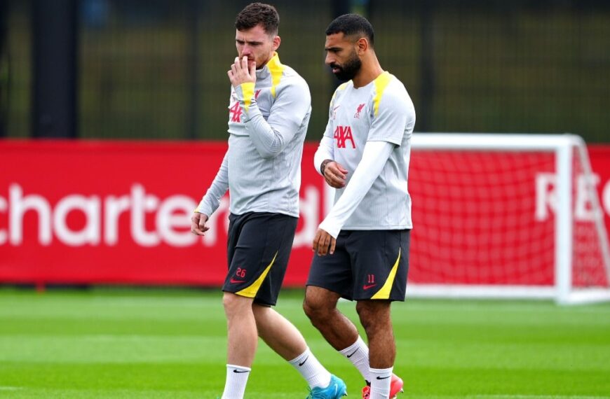 Andy Robertson and Mohamed Salah of Liverpool