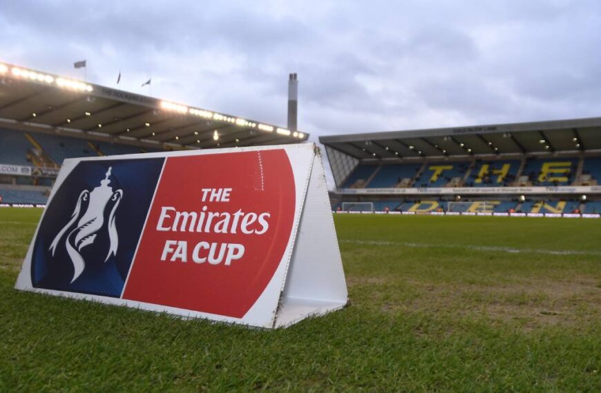 A photo of The Den stadium home of Millwall Football Club with an FA Cup sign visible